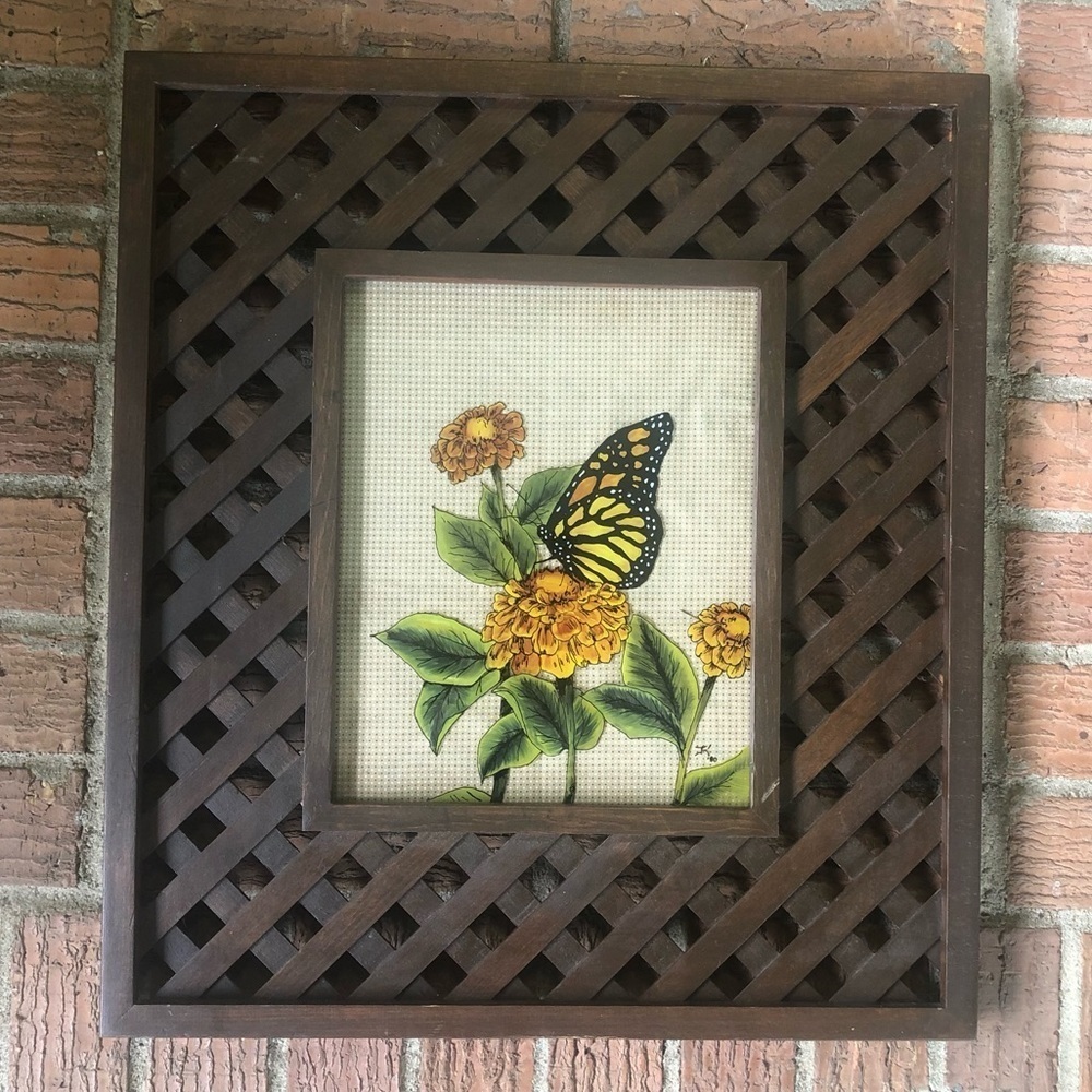 Vintage Monarch Butterfly Reverse Painted on Glass Framed in Brown Wood Lattice
